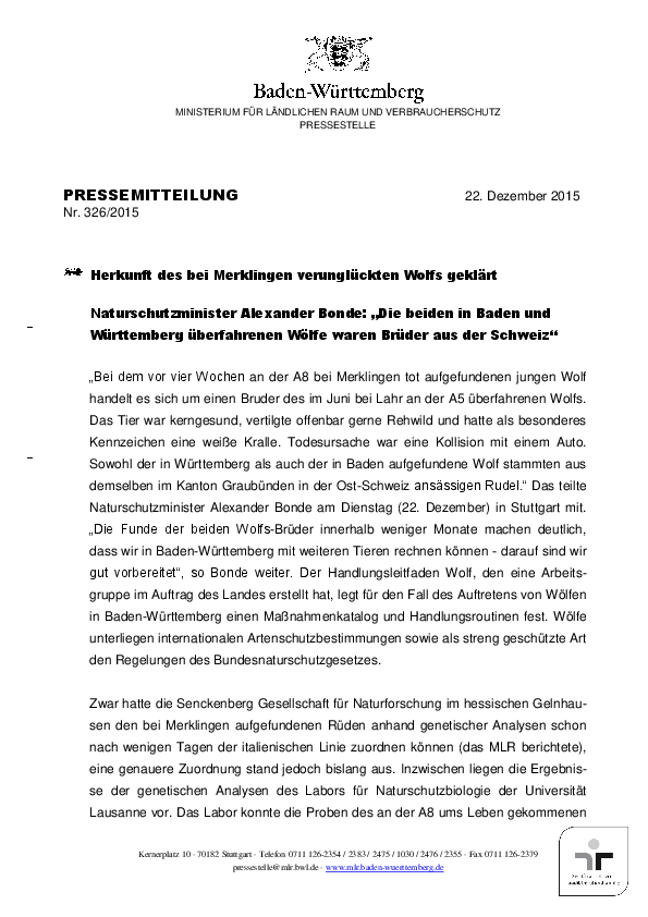 Pressemitteilung des MLR zur Herkunft des Wolfs pdf-preview