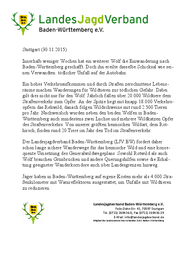 Meldung des LJV vom November zum Fund eines überfahrenen Wolfs pdf-preview