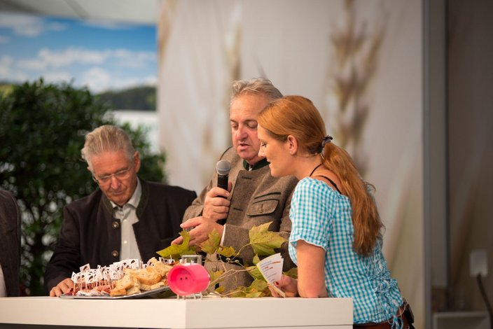 Wildhändler Karl Göbel (Mitte) spricht mit Ehrenlandesjägermeister Dr. Dieter Deuschle und der Moderatorin über Wildbret (Foto: Rainer Brozio)