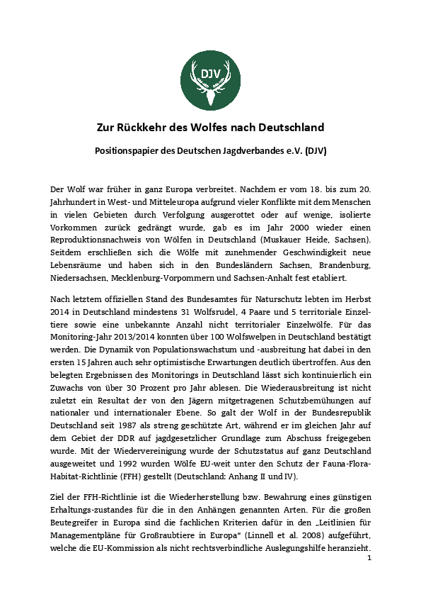 Aktuelles DJV-Positionspapier zum Wolf pdf-preview