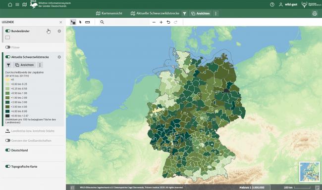 Im WILD-Portal können jetzt auch interaktive Karten zur Streckenstatistik, beispielsweise zum Schwarzwild, angesehen und individuell nach Regionen gefiltert werden. (Quelle: DJV)